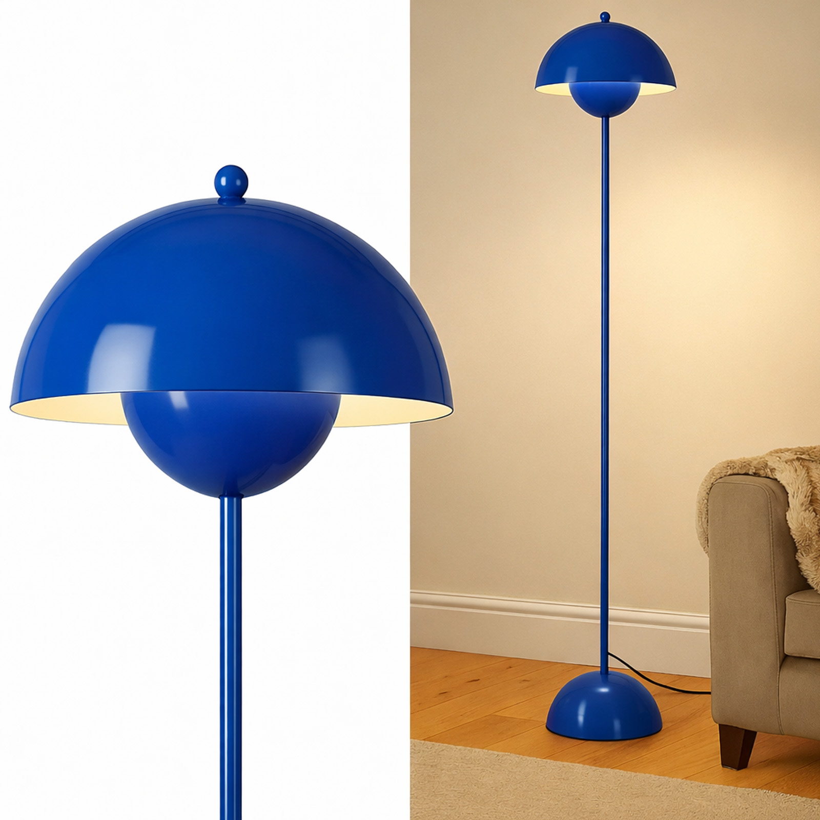 Una lámpara de pie azul con forma de hongo junto a un sofá.