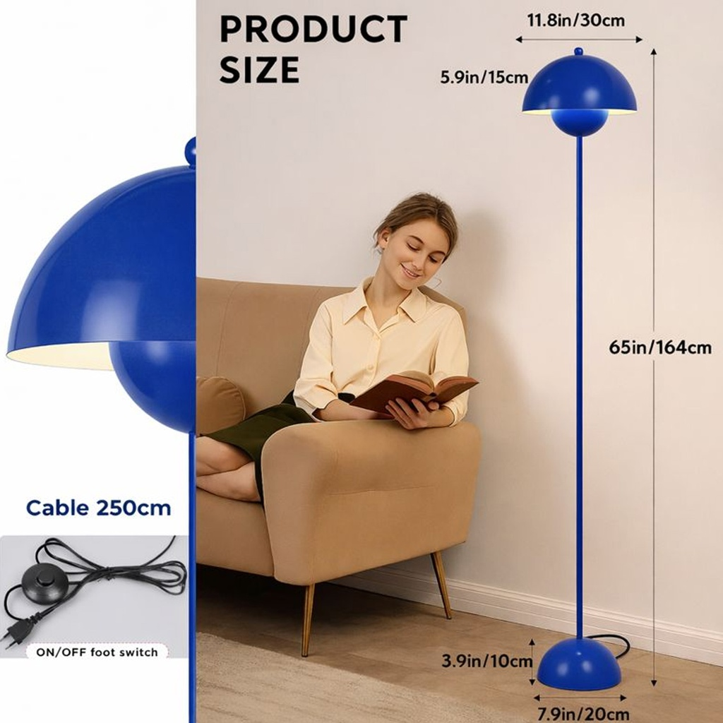 Una mujer lee en un sofá junto a una lámpara de pie azul con dimensiones.