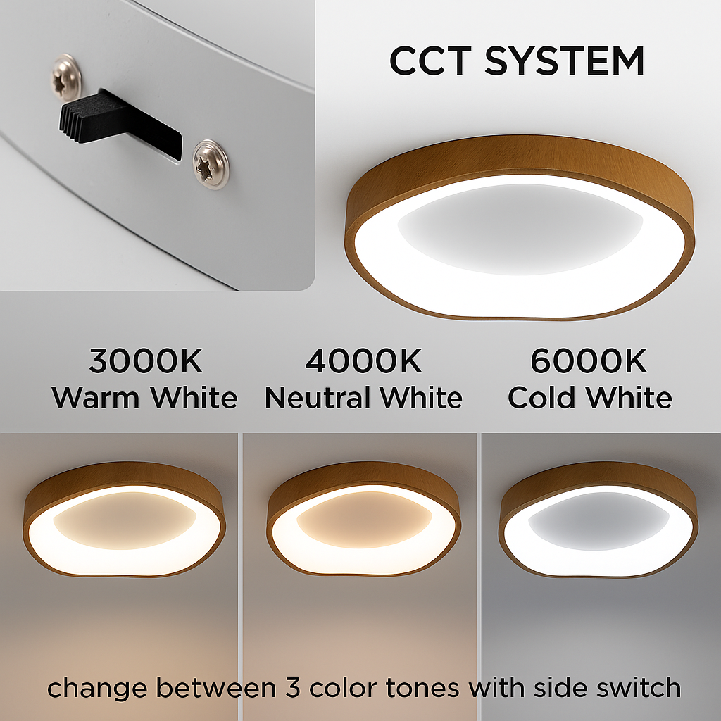Sistema CCT: luz de techo con marco de madera muestra 3000K, 4000K, 6000K.