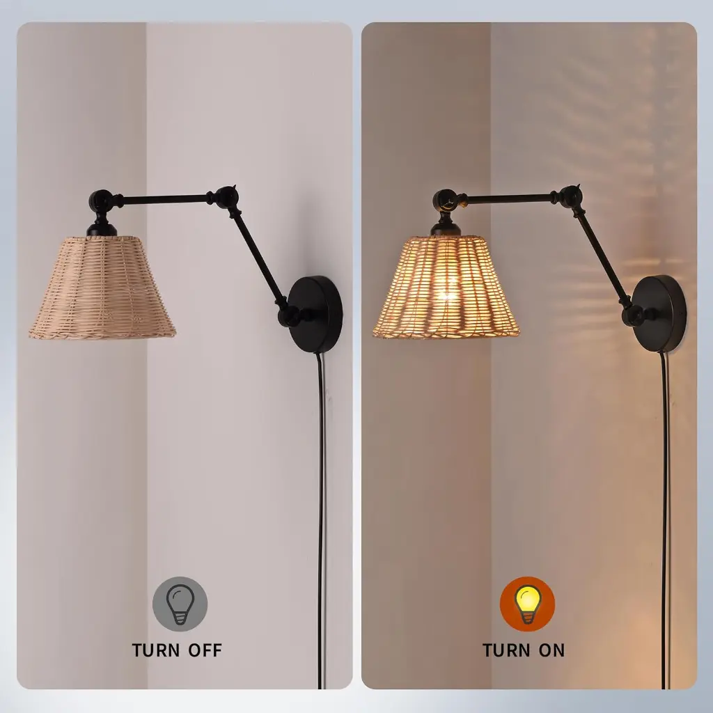 Lámpara de pared articulada con pantalla tejida, apagada y encendida.