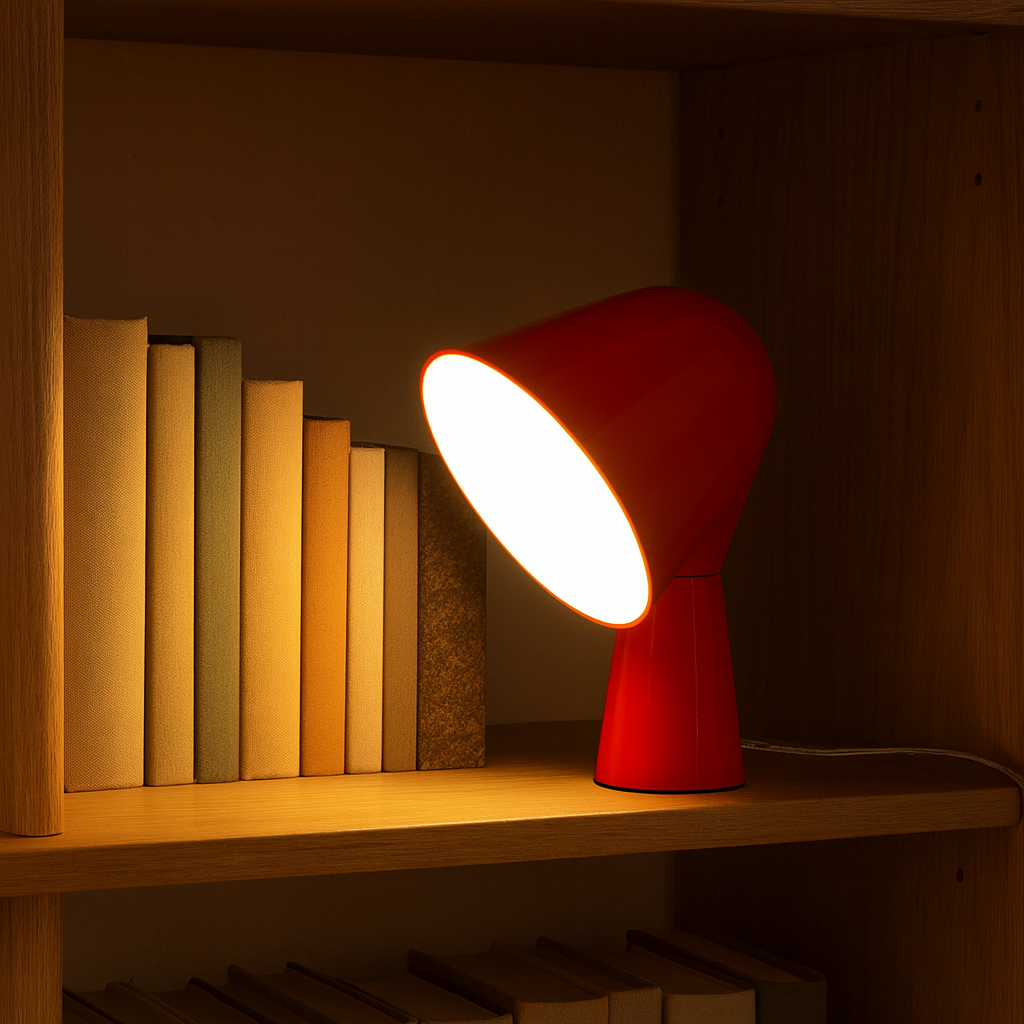 Una lámpara roja ilumina libros en un estante.