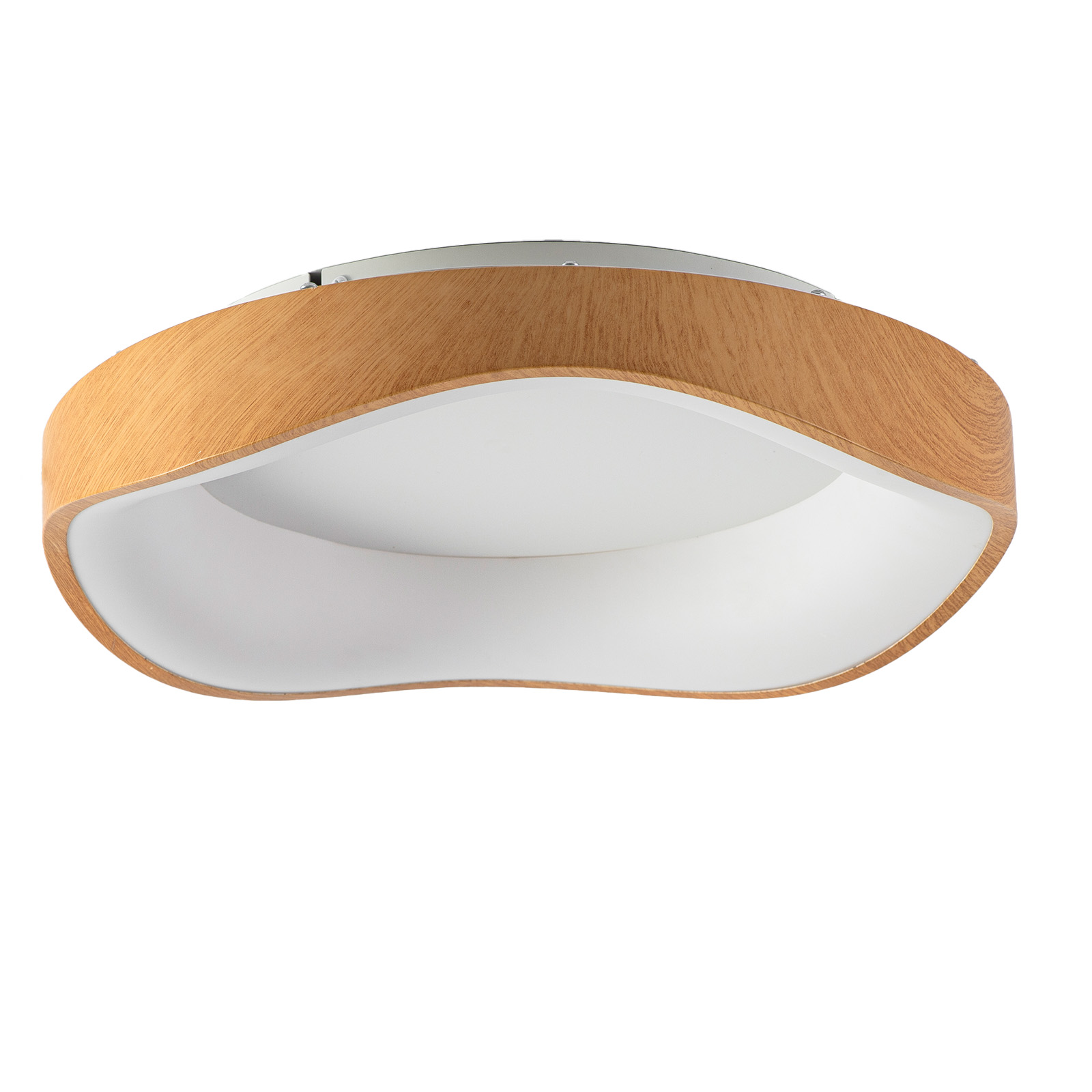 Lámpara de techo moderna con marco curvo de madera y difusor blanco.