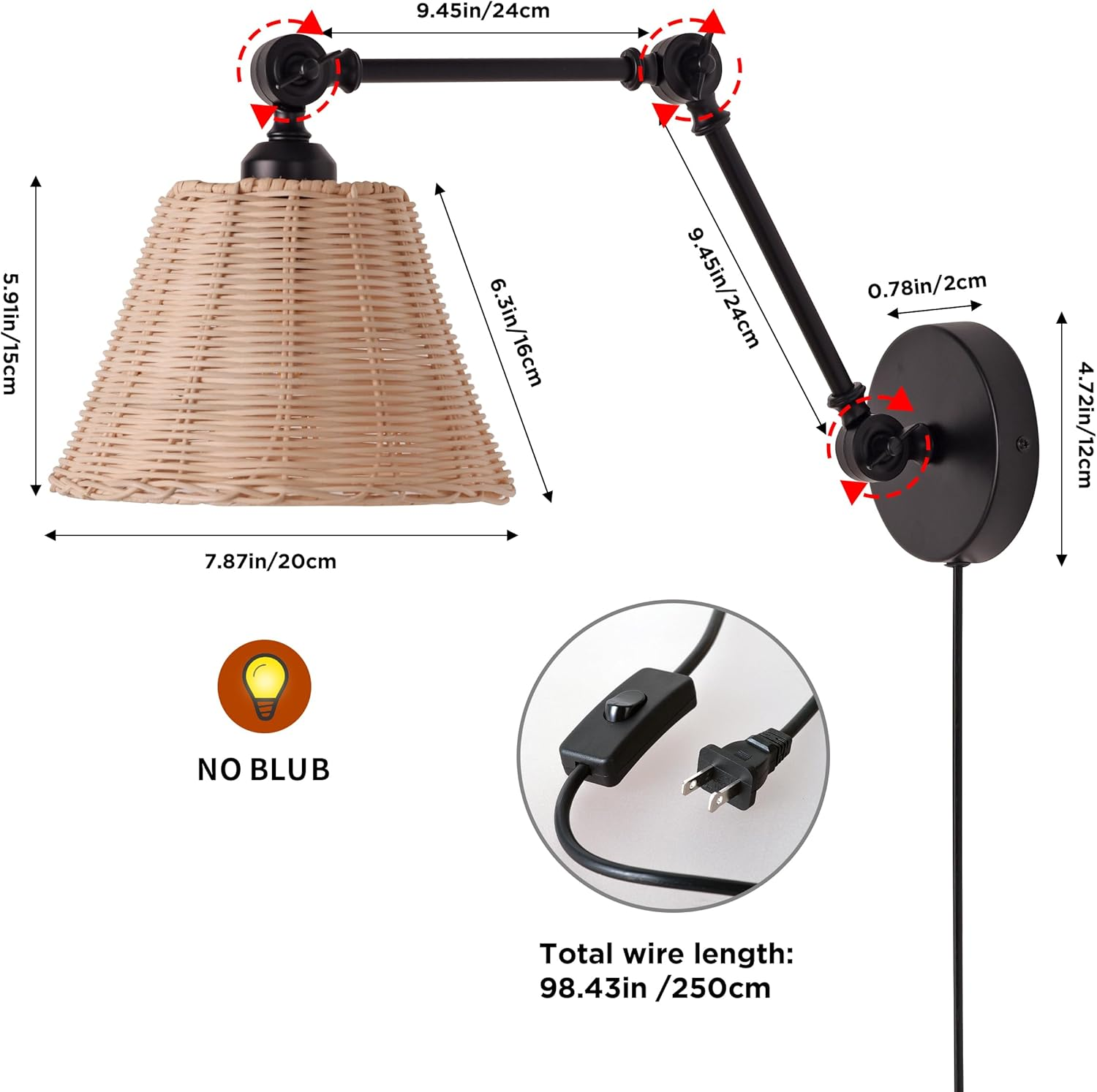 Lámpara de pared negra ajustable con pantalla tejida beige. Dimensiones mostradas.