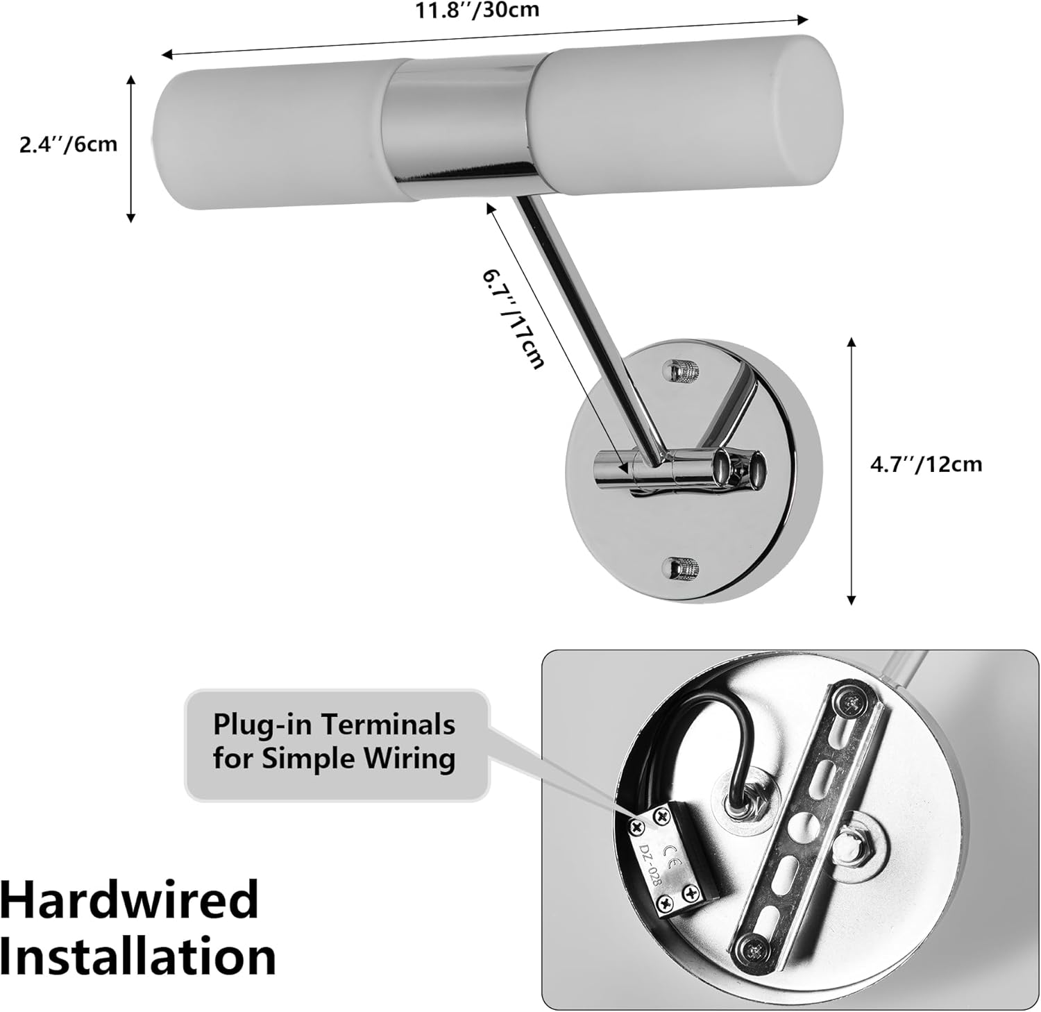 Aplique de pared de dos luces con brazo cromado, dimensiones en pulgadas y cm.
