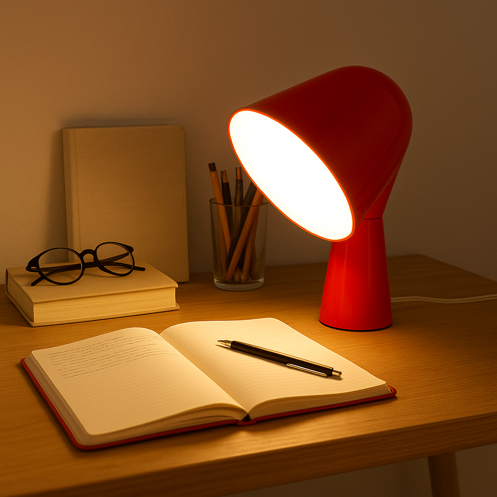 Una lámpara de escritorio roja ilumina un cuaderno abierto con un bolígrafo sobre un escritorio de madera.