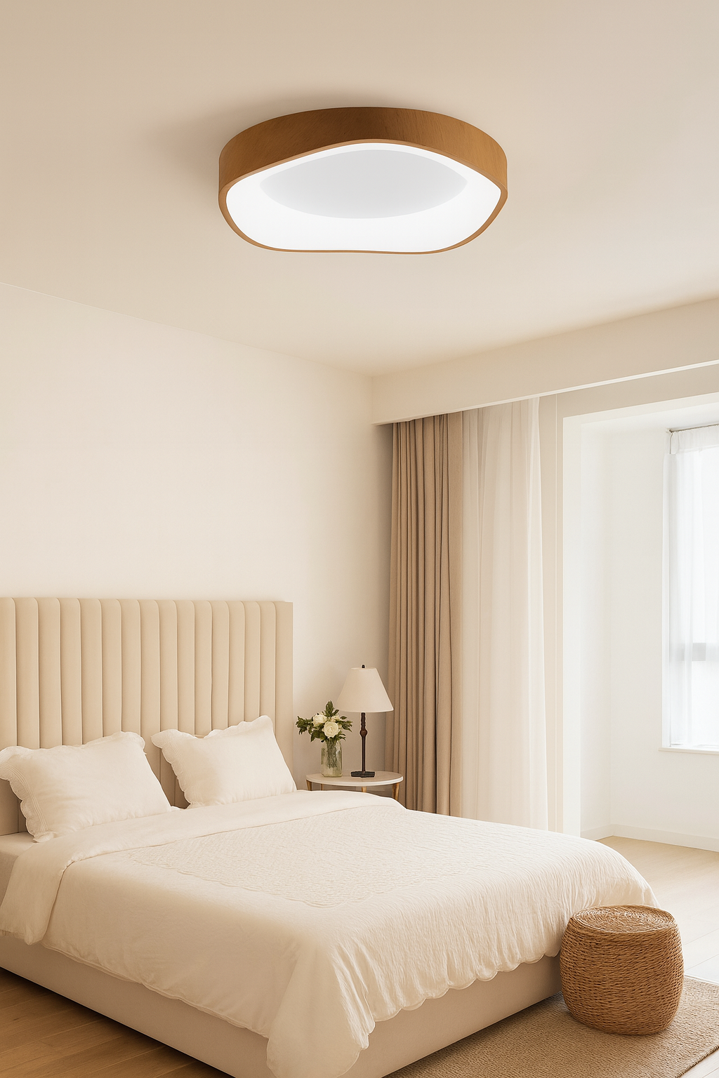 Un dormitorio luminoso con cama beige, lámparas y cortinas.