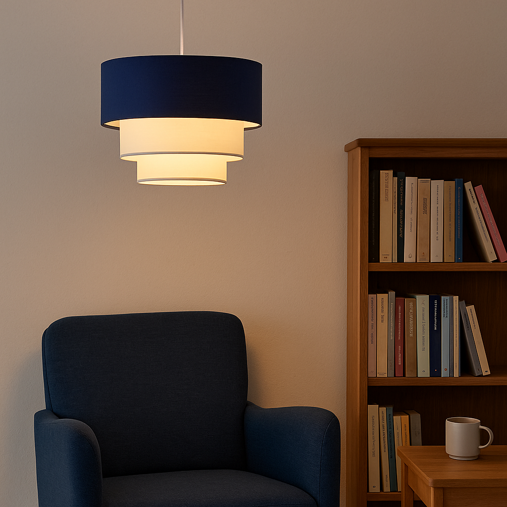 Una lámpara colgante escalonada azul y blanca cuelga sobre un sillón azul y una estantería.
