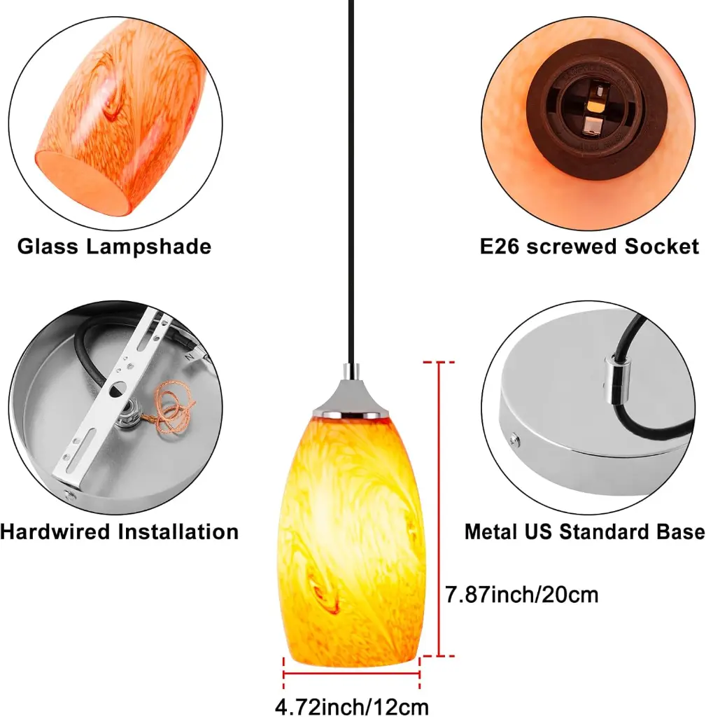 Lámpara colgante con pantalla de vidrio naranja-amarillo y base metálica.