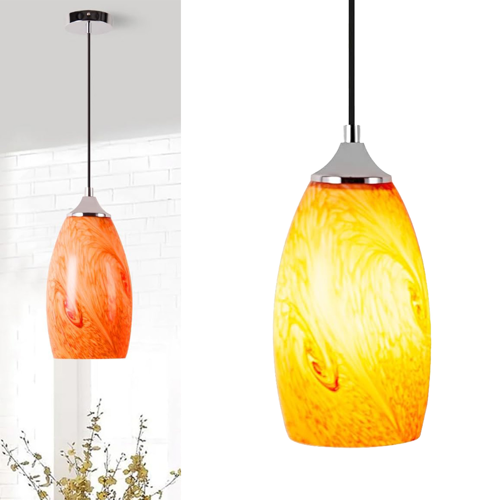 Lámpara colgante con vidrio marmolado naranja-amarillo y cromo.
