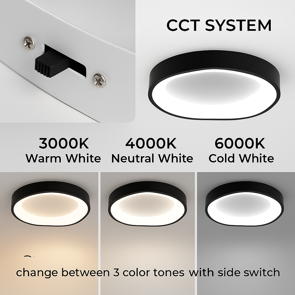 Sistema CCT de luz con interruptor, muestra 3 tonos de color: blanco cálido, neutro, frío.