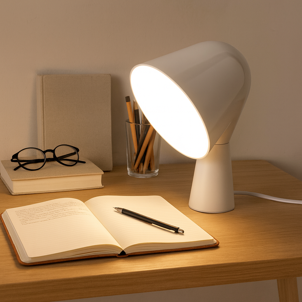 Un escritorio blanco con lámpara, cuaderno, bolígrafos, gafas y libros.