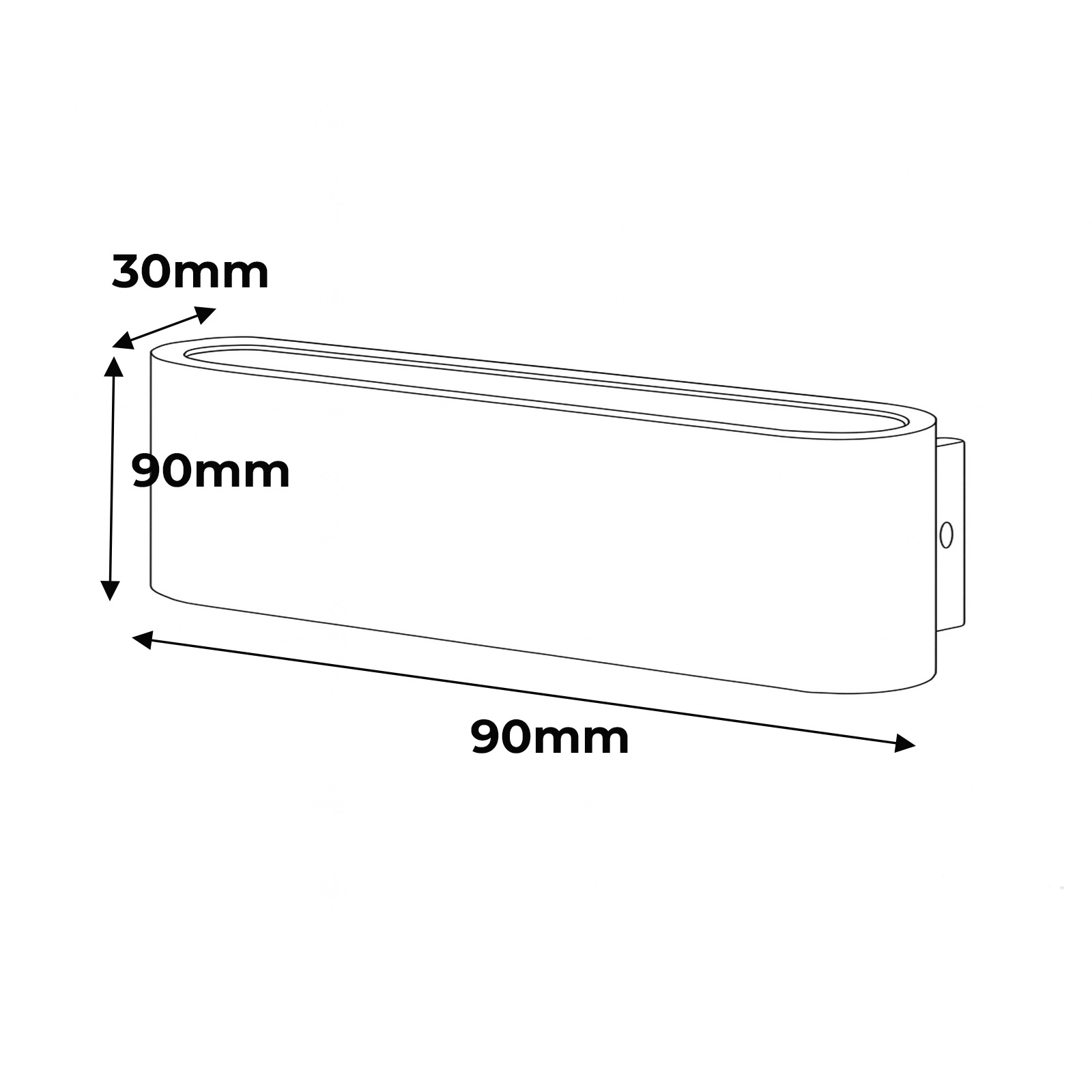 Diagrama de una lámpara de pared con dimensiones: 30 mm de alto, 90 mm de profundidad, 90 mm de largo.