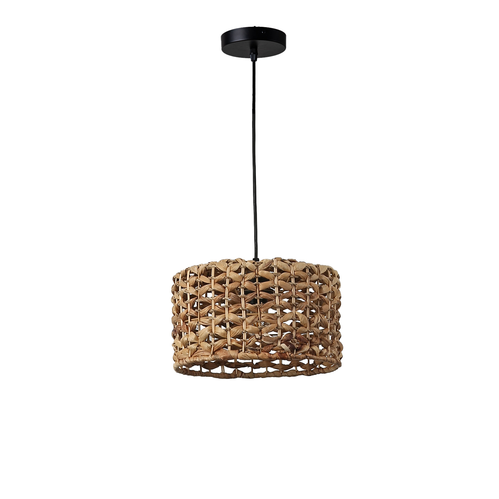 Lámpara colgante de cesta tejida marrón con tapa y cable negros.