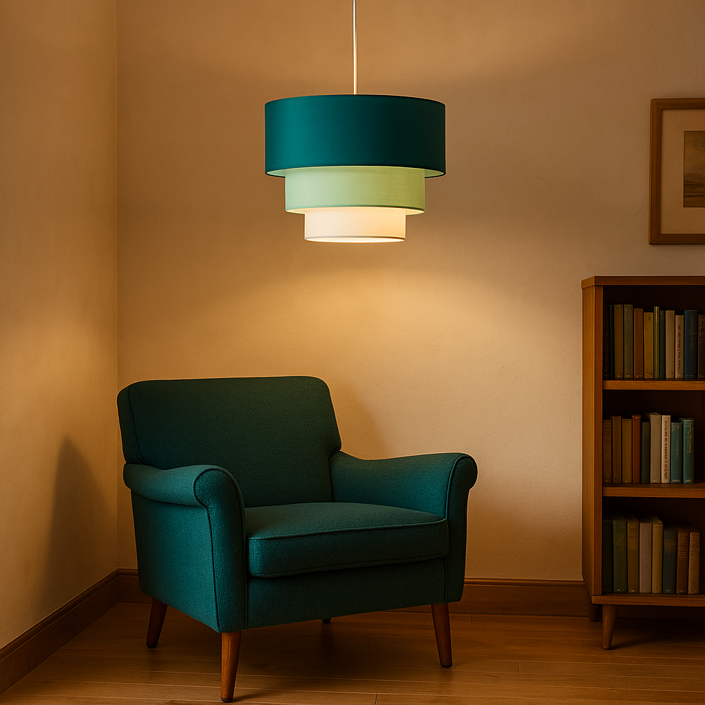 Un sillón verde se sienta junto a una estantería y una lámpara colgante.