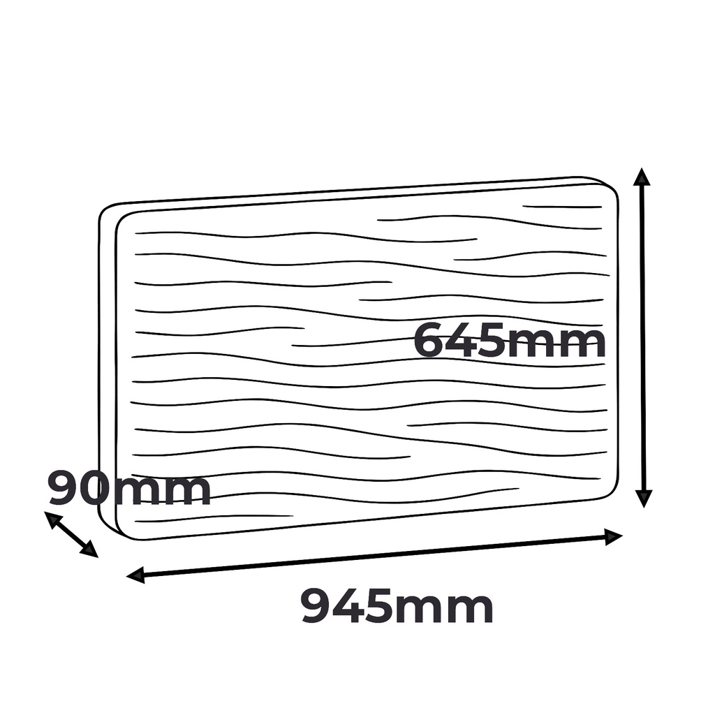 Dibujo de un rectángulo con dimensiones de 945mm, 645mm y 90mm.