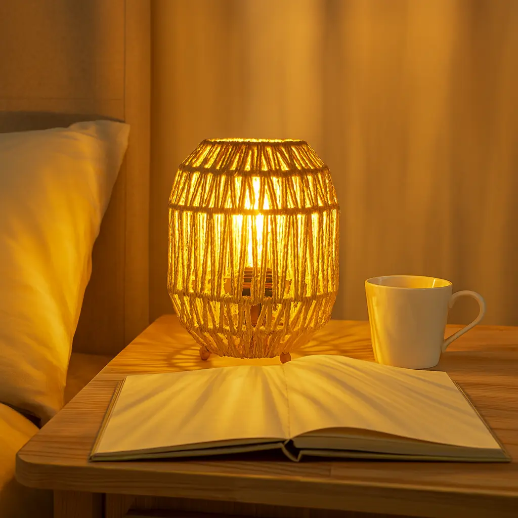 Una mesita de noche con lámpara, taza y libro abierto, iluminada por luz cálida.