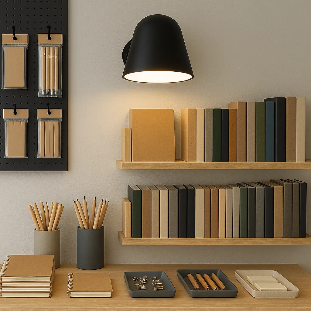 Escritorio con libros, bolígrafos y cuadernos, iluminado por una lámpara.