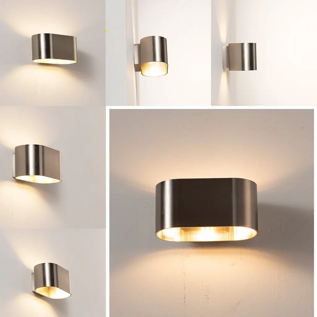 Varias lámparas de pared modernas de metal emiten luz hacia arriba y abajo.