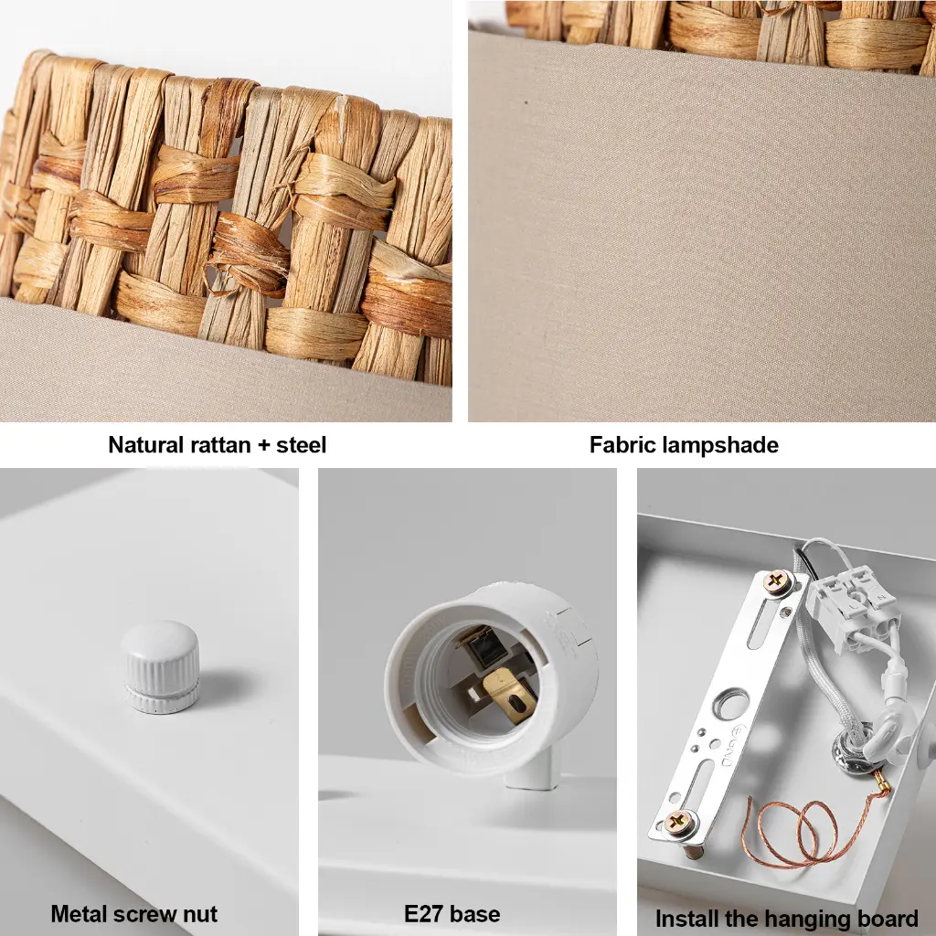 Primer plano de partes de lámpara: ratán, pantalla de tela, tornillo, base E27, placa.