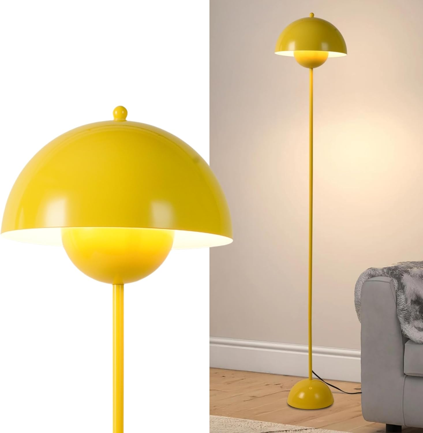 Una lámpara de pie amarilla brillante con pantalla de cúpula sobre suelo de madera.