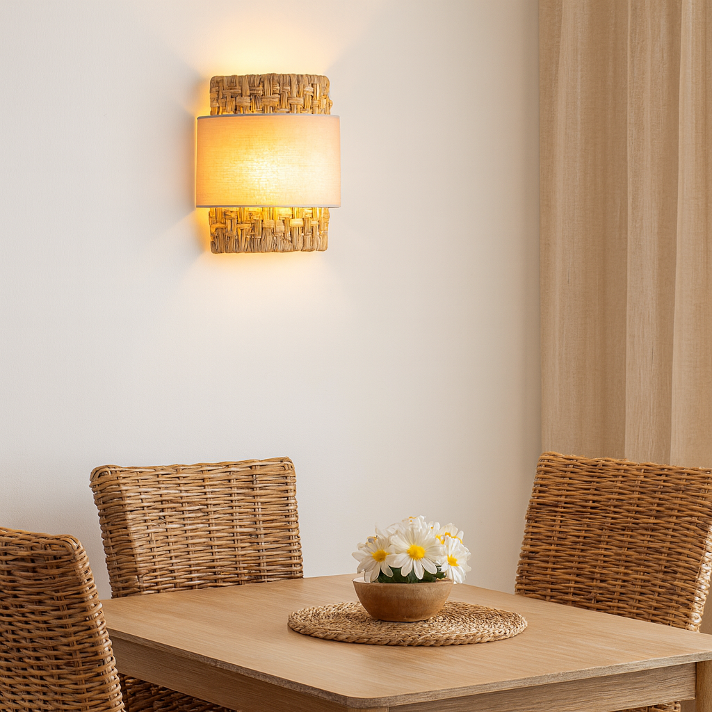 Una lámpara de pared tejida ilumina una mesa de madera con flores y sillas de ratán.
