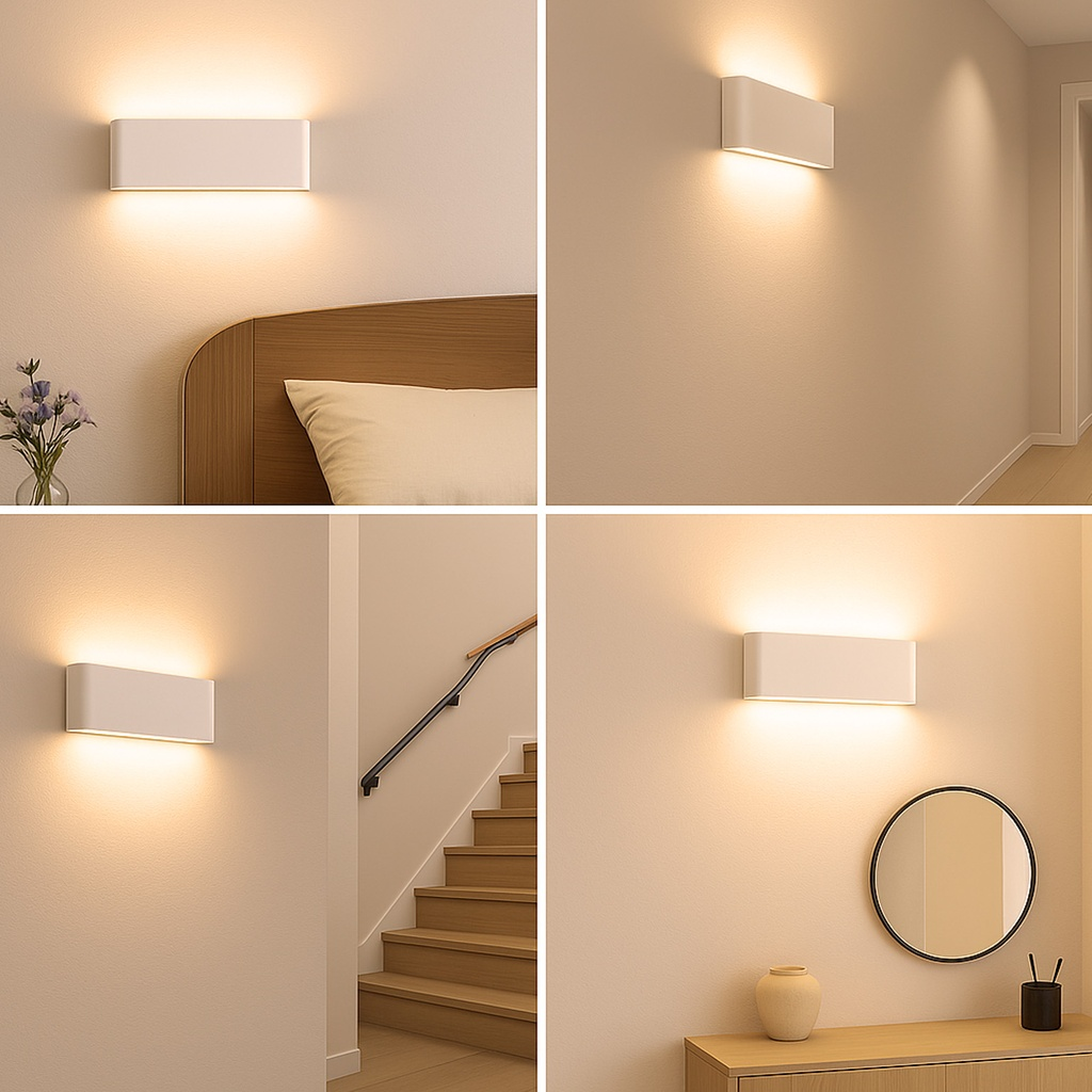 Cuatro imágenes muestran apliques de pared blancos en diferentes habitaciones: dormitorio, pasillo, escaleras.