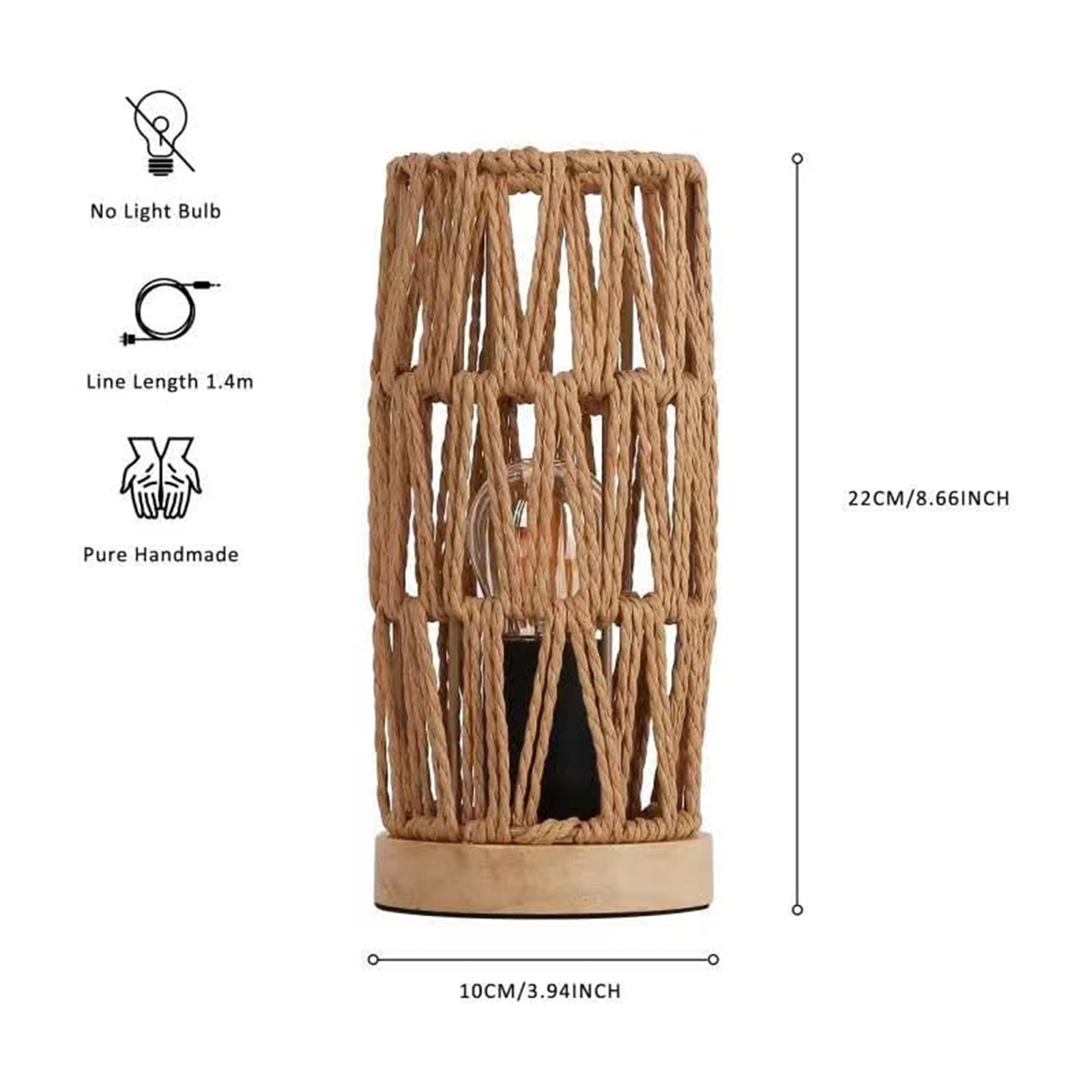 Lámpara de cuerda marrón con base de madera, 22cm alto, 10cm ancho.