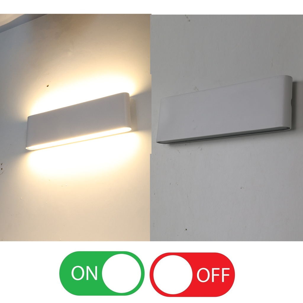 Una luz de pared está encendida a la izquierda, apagada a la derecha. Debajo hay interruptores.