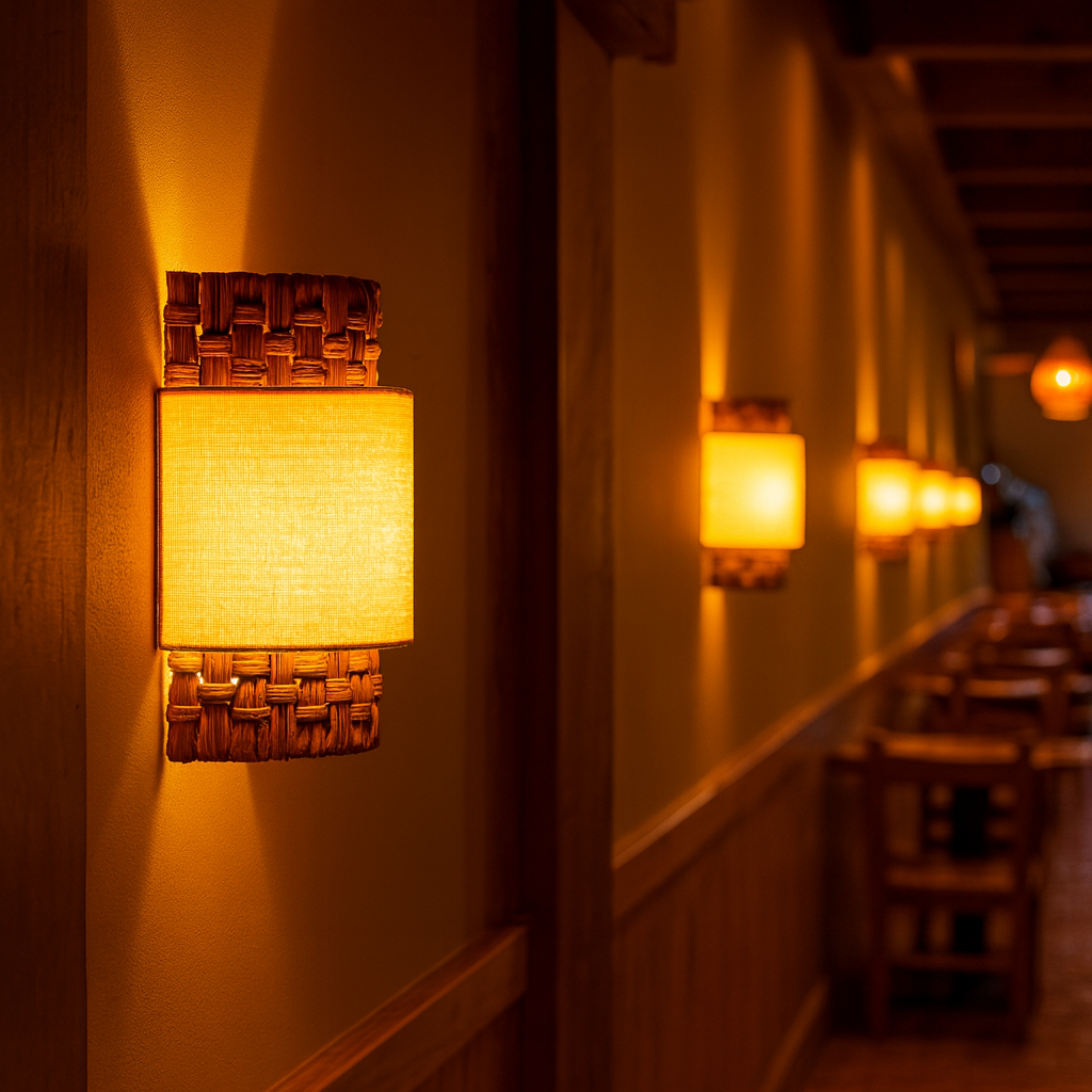 Apliques de pared de mimbre iluminan un pasillo con mesas y sillas de madera.