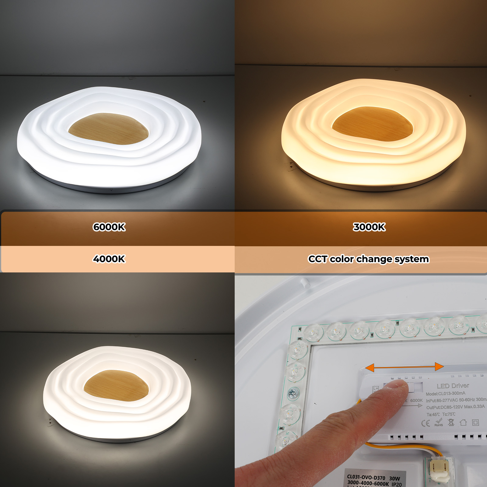 Lámpara de techo con centro de madera en 3 colores de luz: 6000K, 4000K, 3000K.
