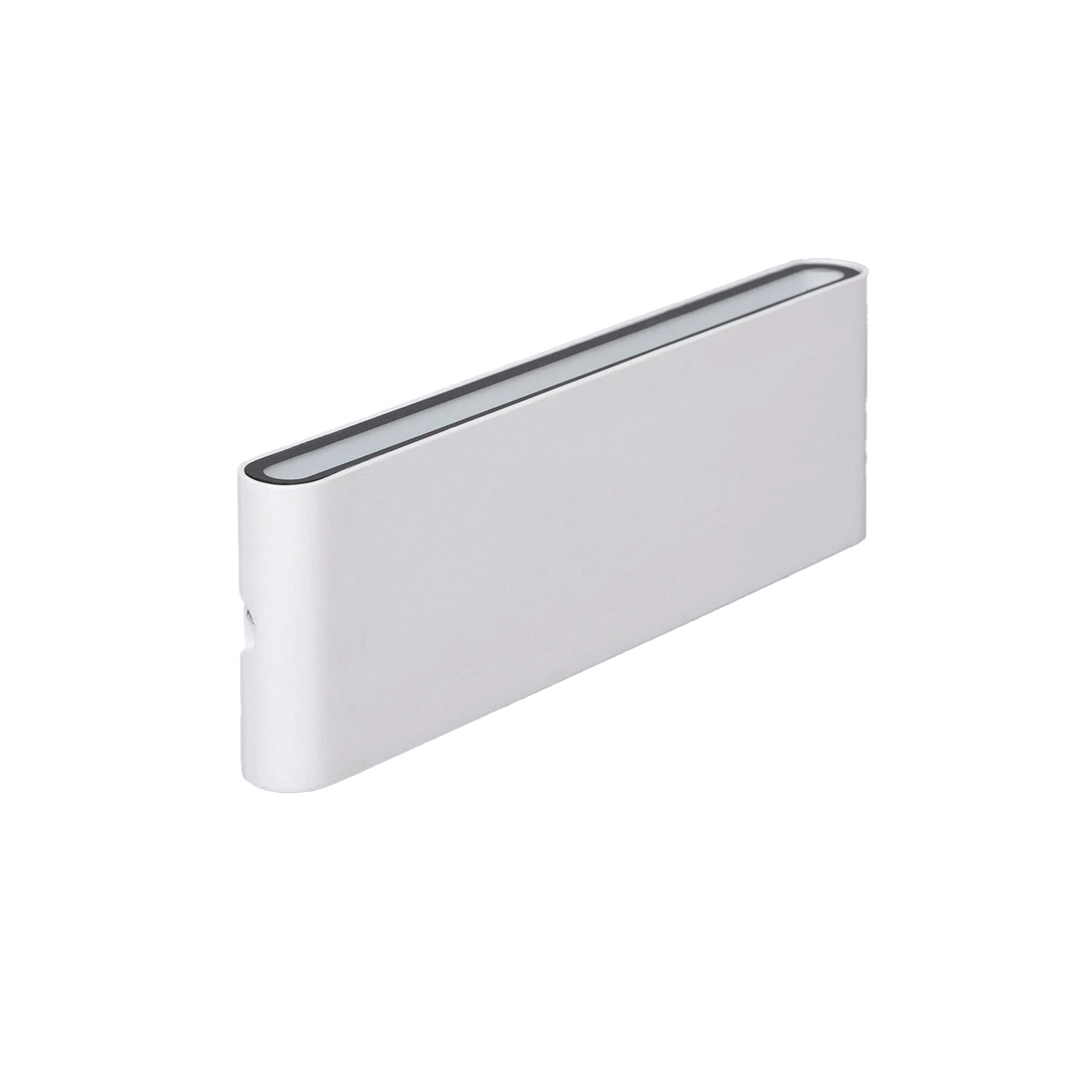 Un objeto blanco y rectangular con esquinas redondeadas y una franja oscura.