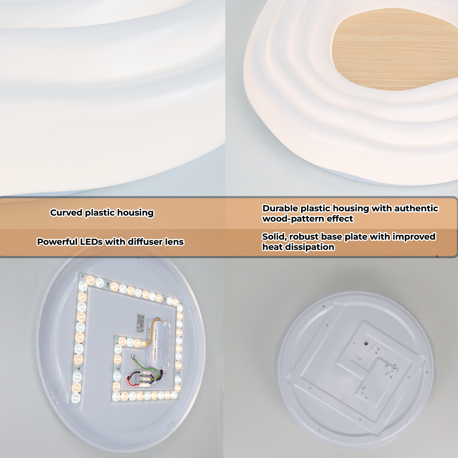 Luz de techo con carcasa de plástico blanco, efecto madera y LEDs visibles.