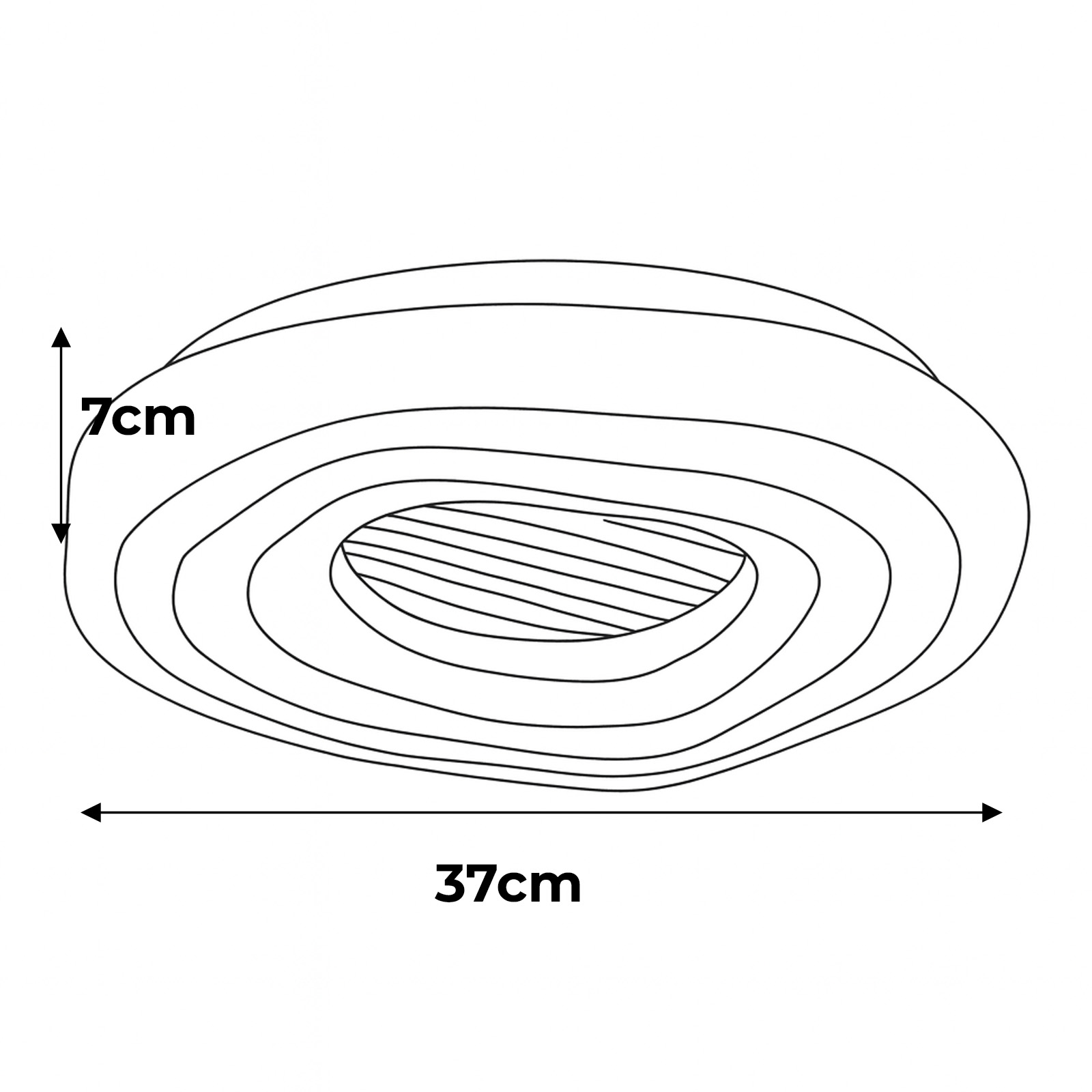 Dibujo lineal de objeto ovalado, 37cm ancho, 7cm alto, con líneas concéntricas.