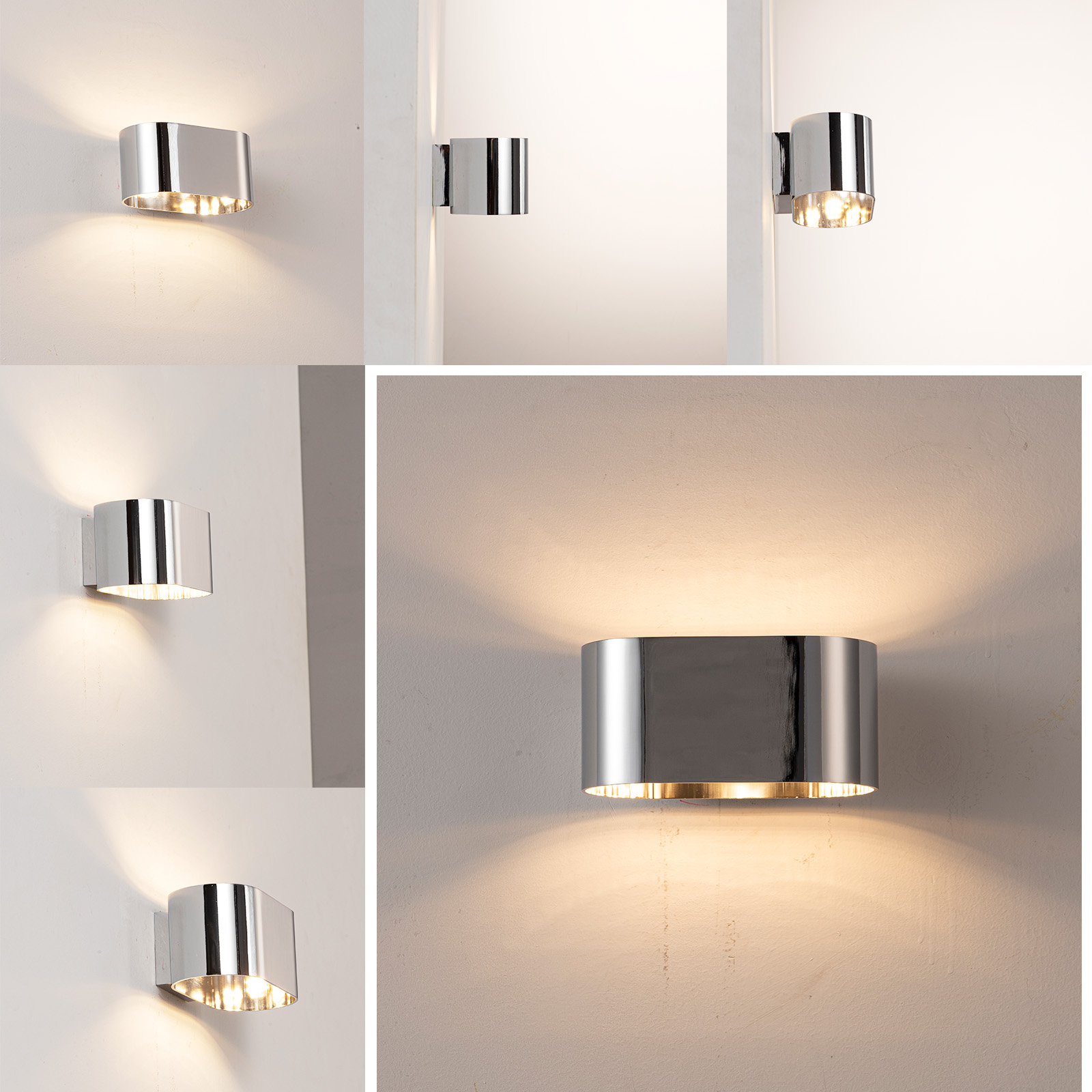 Un aplique de pared cilíndrico y brillante emite luz hacia arriba y abajo.