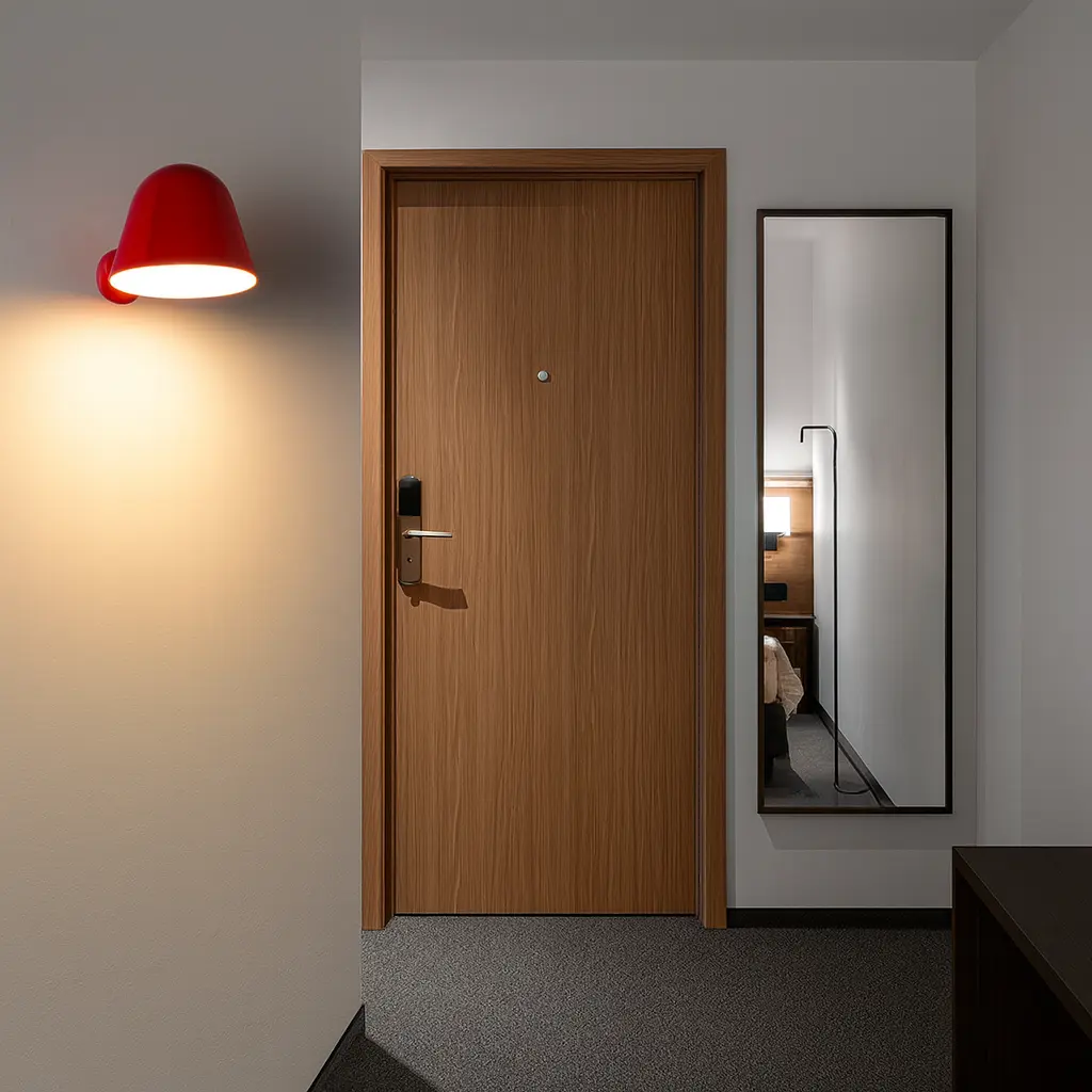 Una puerta de madera con una luz de pared roja y un espejo al lado.
