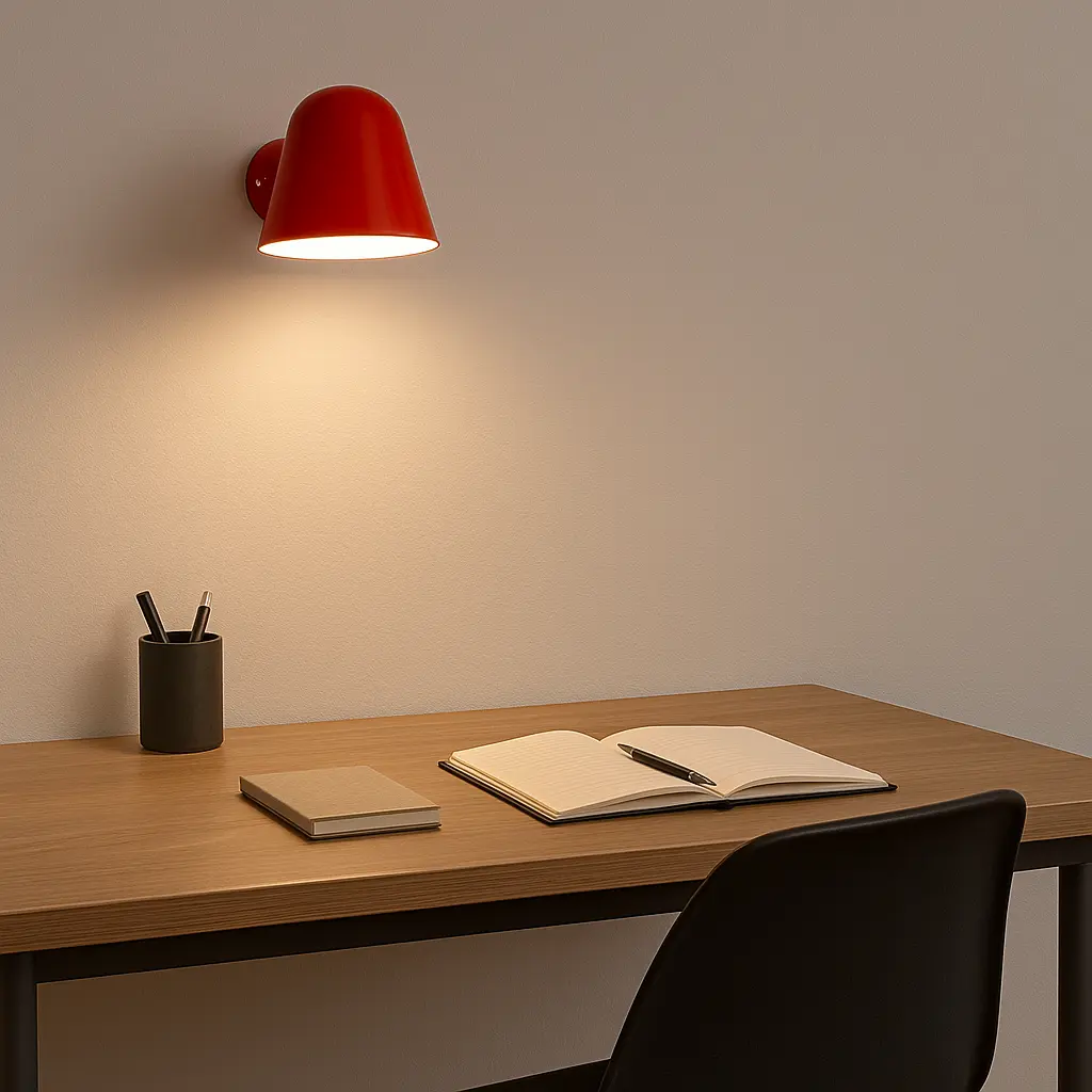 Una lámpara de pared roja ilumina un escritorio con cuaderno, bolígrafos y silla.