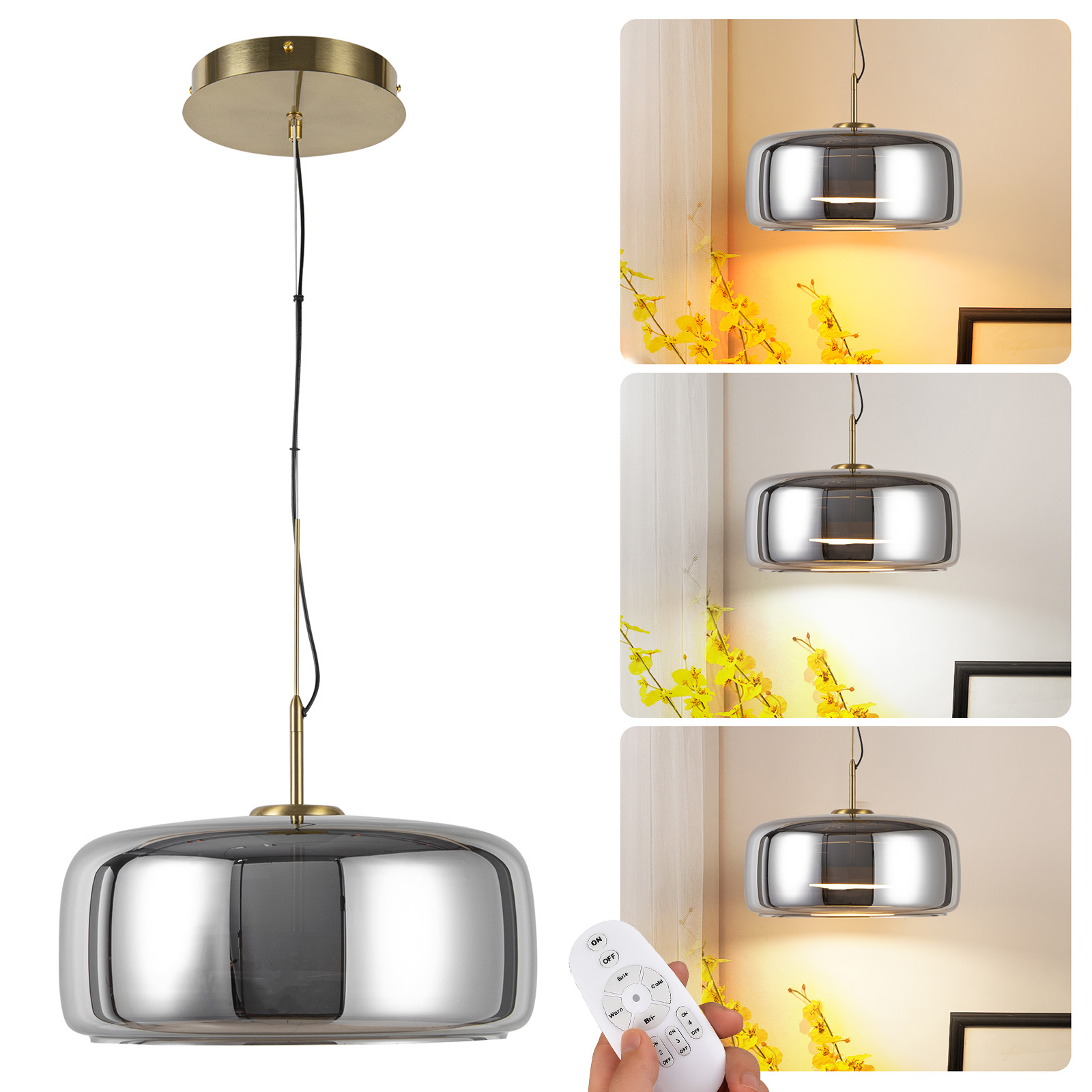 Lámpara colgante moderna con pantalla plateada y detalles de latón.