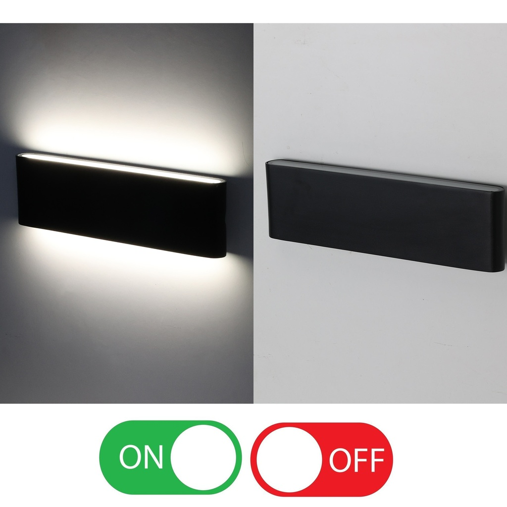 Una lámpara de pared negra está encendida a la izquierda, apagada a la derecha.