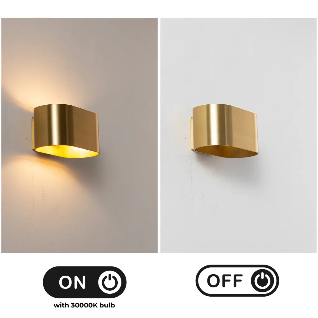 Aplique de pared dorado encendido y apagado, con iconos de encendido.