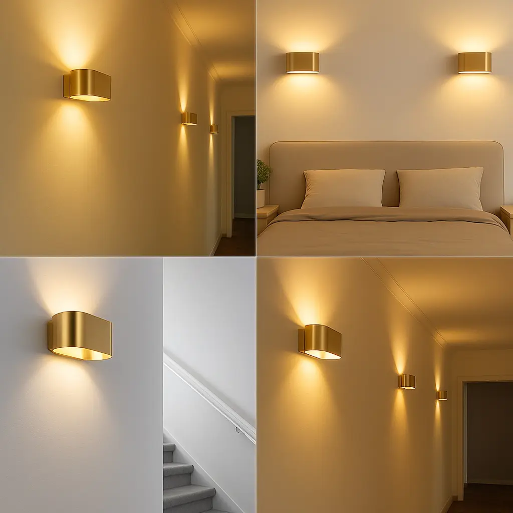 Apliques dorados proyectan luz cálida en paredes y escaleras.