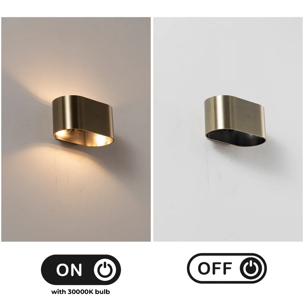 Se muestra una lámpara de pared moderna de latón encendida y apagada. El lado izquierdo la muestra iluminada, el derecho apagada.
