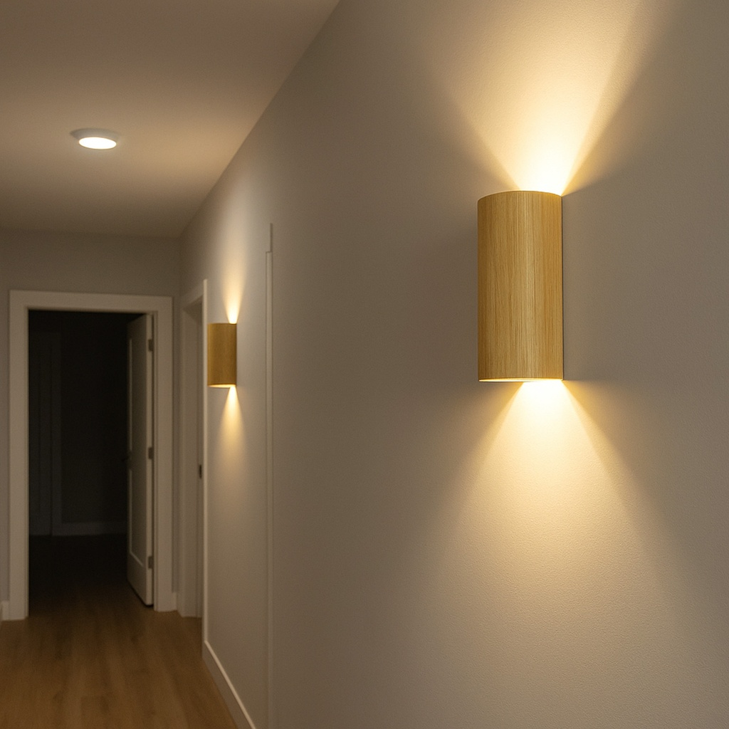 Un pasillo luminoso con apliques de pared de madera que iluminan hacia arriba y abajo.