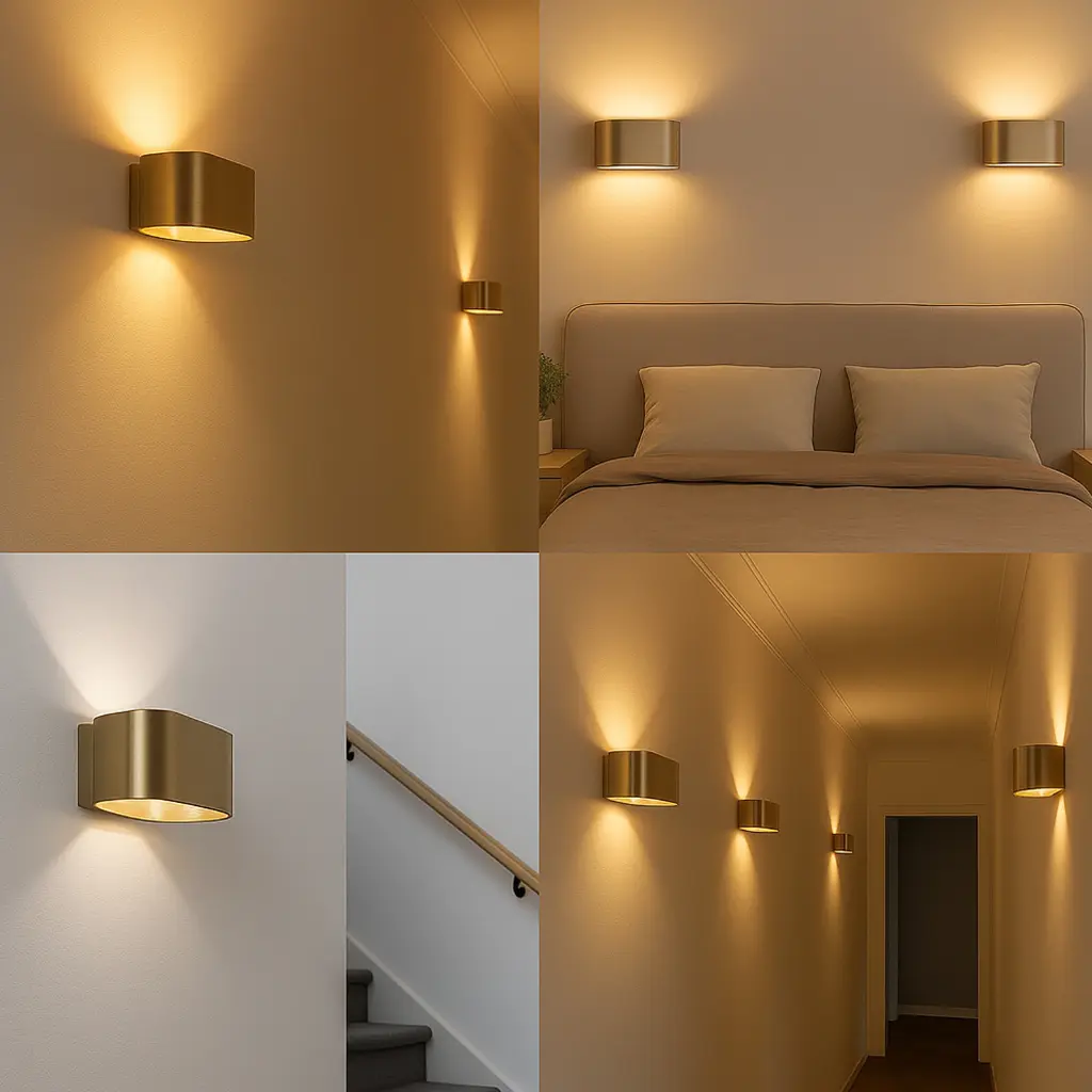 Apliques dorados iluminan habitaciones elegantes como dormitorio, pasillo y escalera.