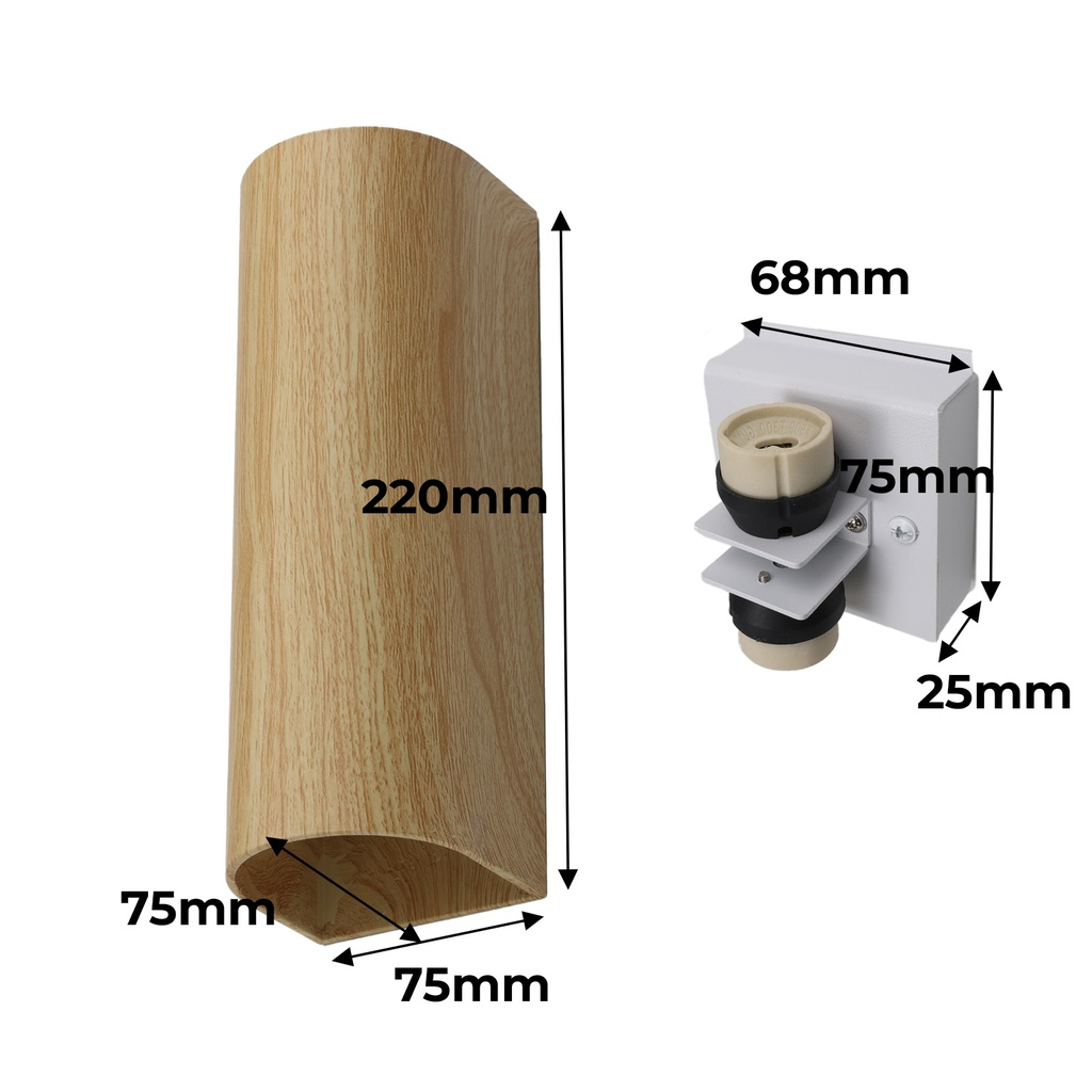Lámpara de pared tono madera, 220x75x75mm, con portalámparas y medidas.