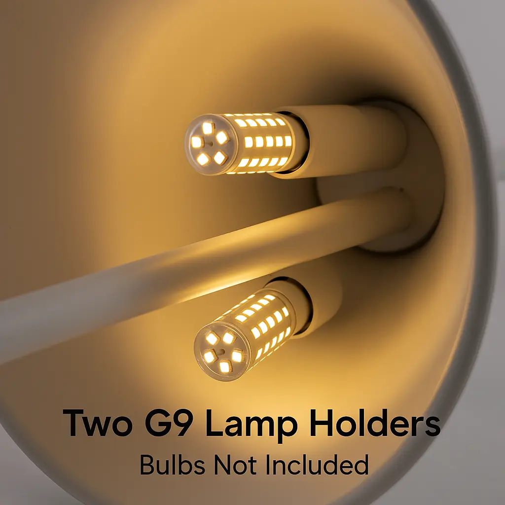Dos portalámparas G9 con bombillas LED visibles, bombillas no incluidas.