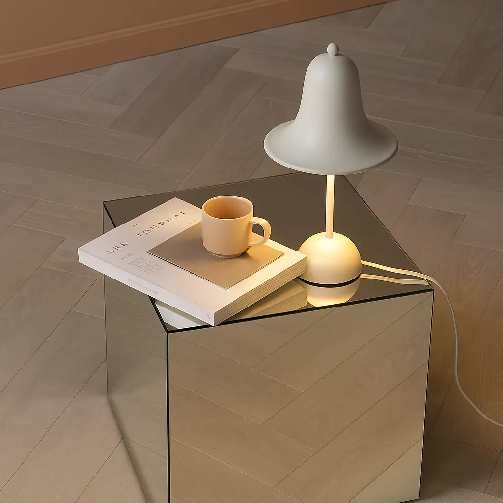 Una lámpara blanca está sobre una mesa de cristal junto a un libro y una taza.