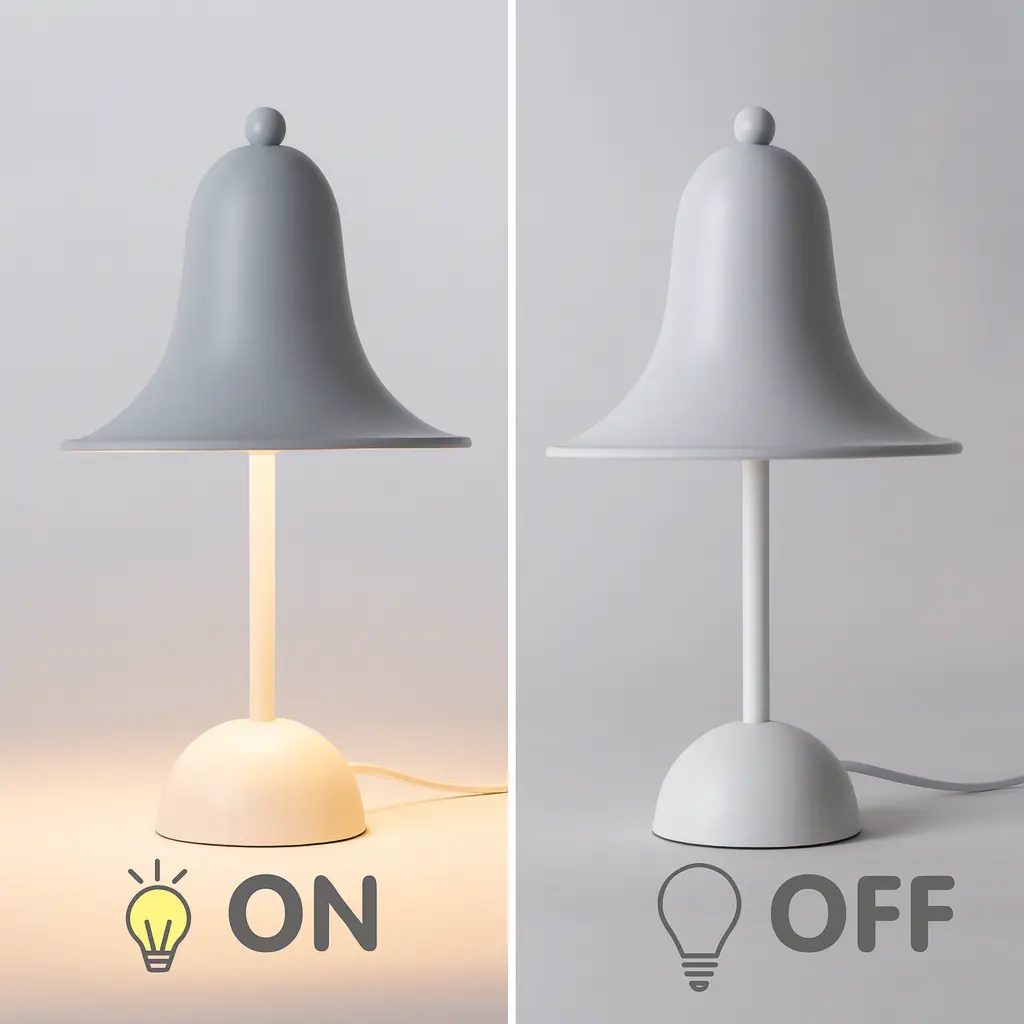 Lámpara gris ENCENDIDA y APAGADA, con base redonda y pantalla acampanada.