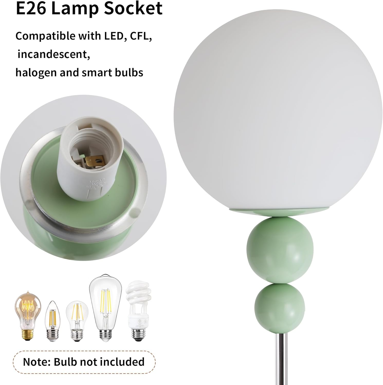 Portalámparas E26 con globo blanco y detalles verdes. Se muestran varias bombillas.