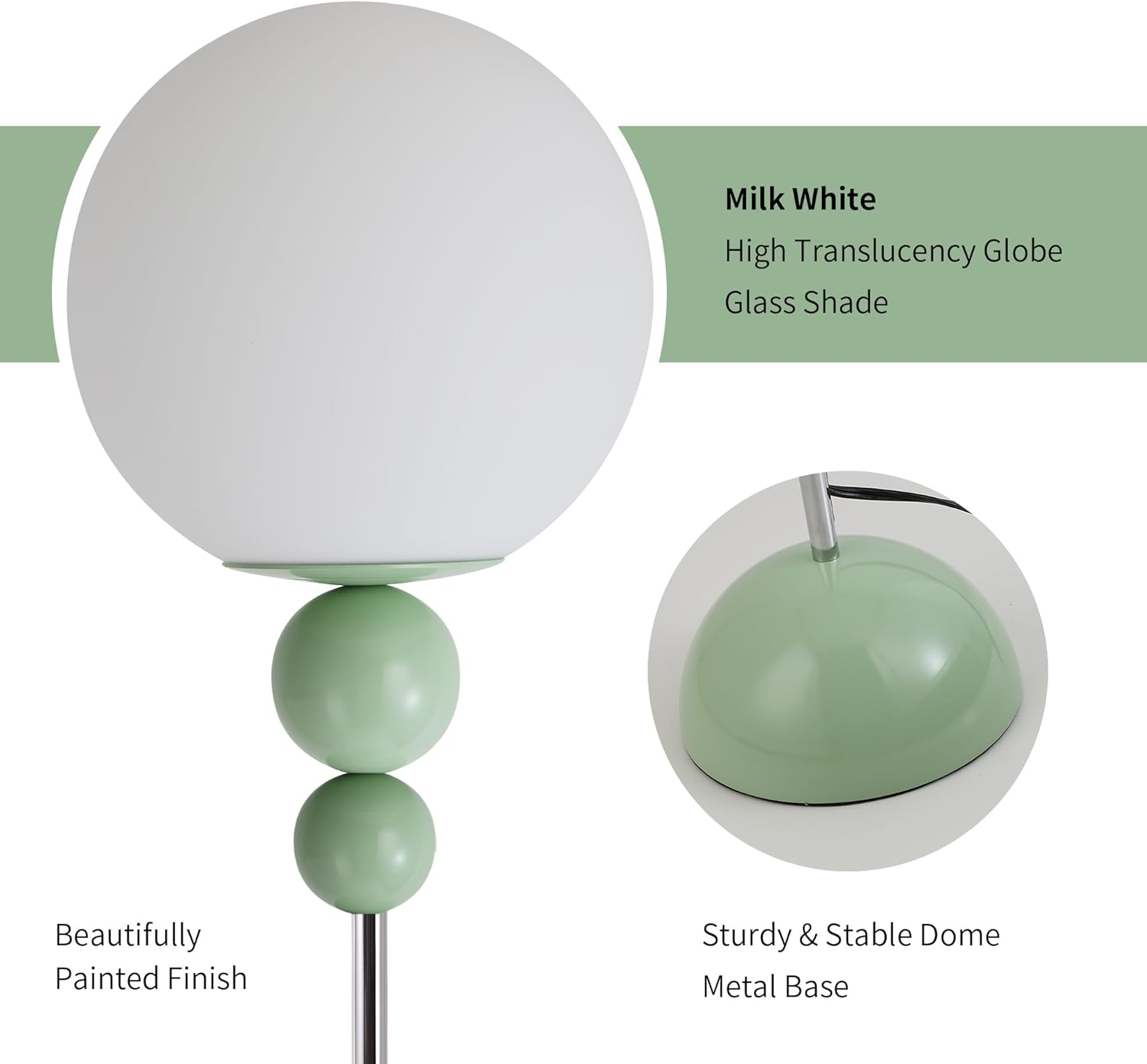 Una lámpara de globo de cristal blanco lechoso con base verde.