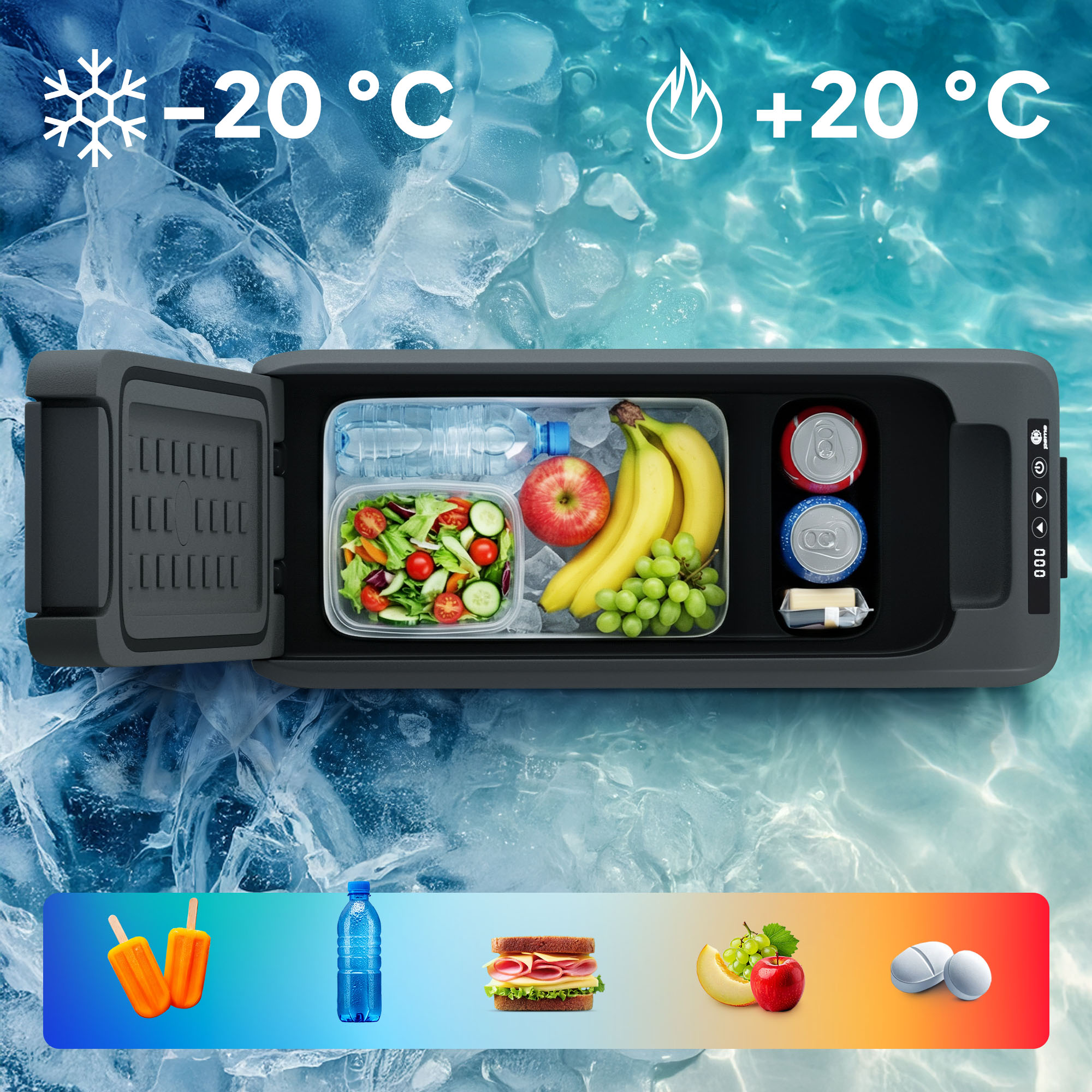 Kühlbox mit Salat, Obst, Getränken und Dosen bei -20 bis +20 Grad.